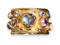 Moonstone Heart Cigar Ring with Sapphires 18 Ct Gold