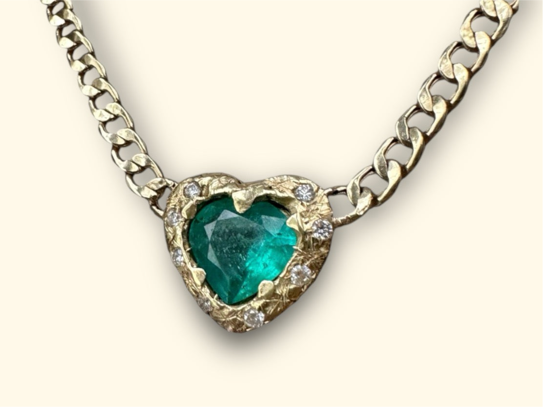 18 Ct Gold Emerald heart and choker with diamonds on a cuban link chain