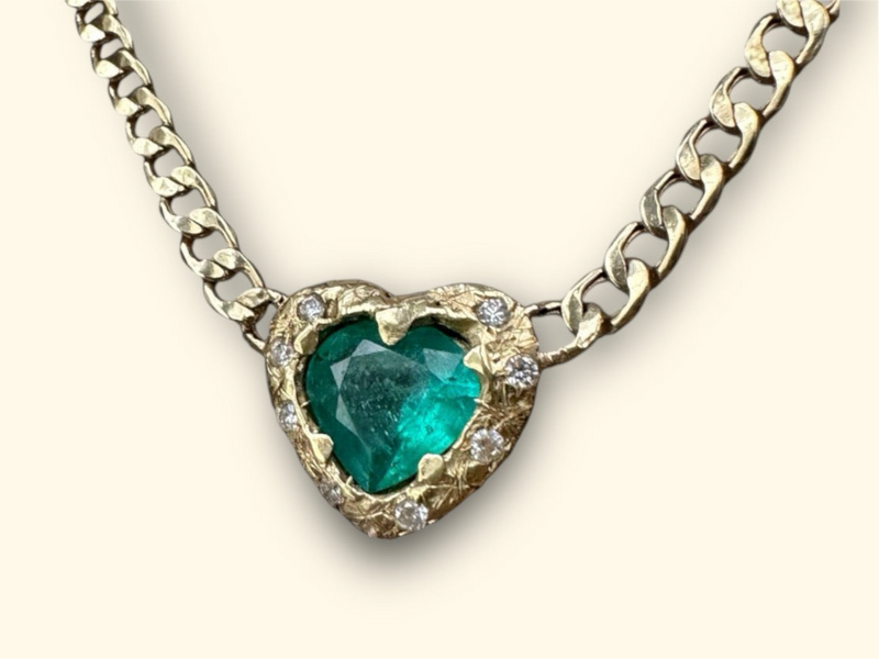 18 Ct Gold Emerald heart and choker with diamonds on a cuban link chain