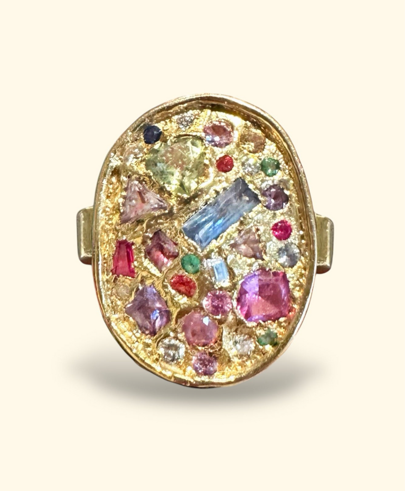 18 Ct Gold Large Oval Geometric Abstract Art Cocktail Ring Sapphires & Diamonds