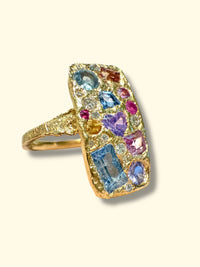 “Kaleidoscope” Rectangular Abstract Art 18Ct Gold Cocktail Ring with Sapphires and Diamonds