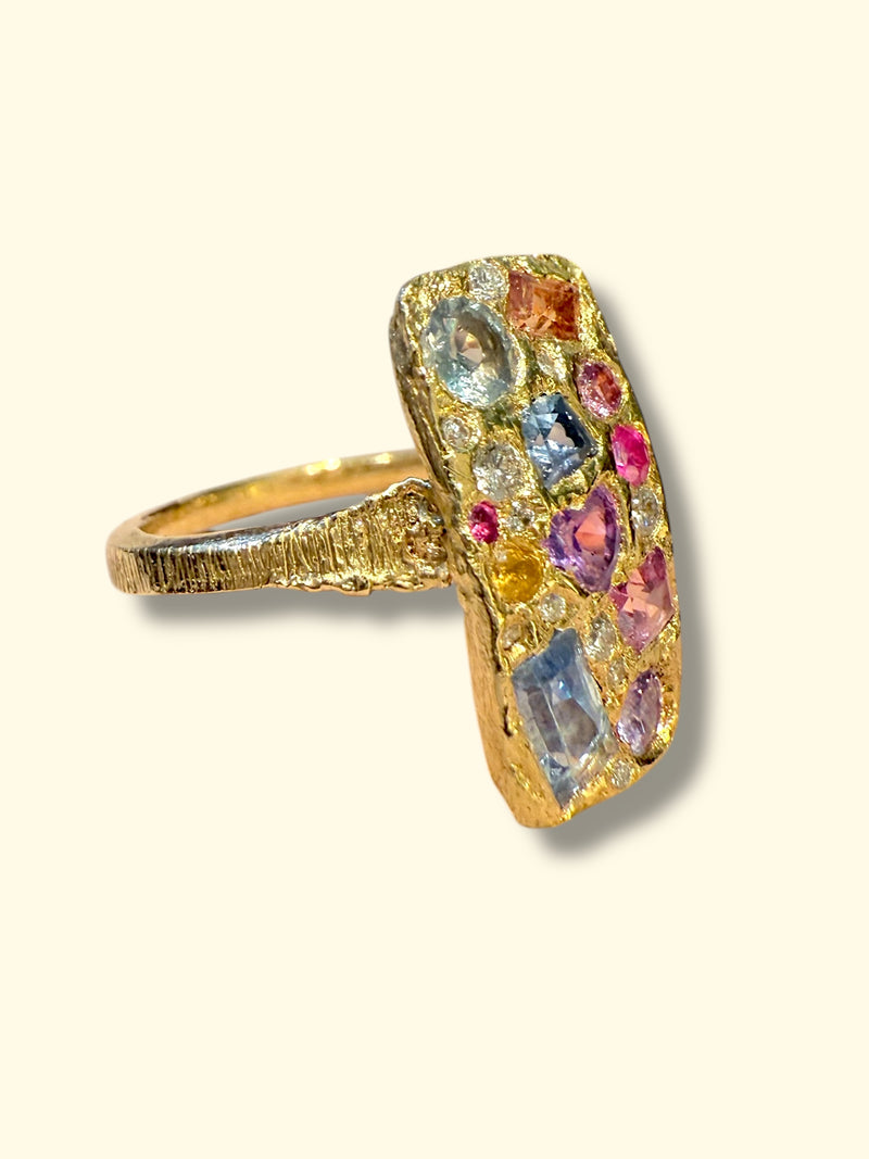 “Kaleidoscope” Rectangular Abstract Art 18Ct Gold Cocktail Ring with Sapphires and Diamonds