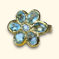 Sold Out - 18 Ct Large Flower Ring with Aquamarines and a Diamond