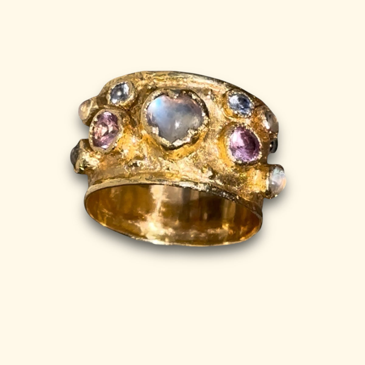 Moonstone Heart Cigar Ring with Sapphires 18 Ct Gold