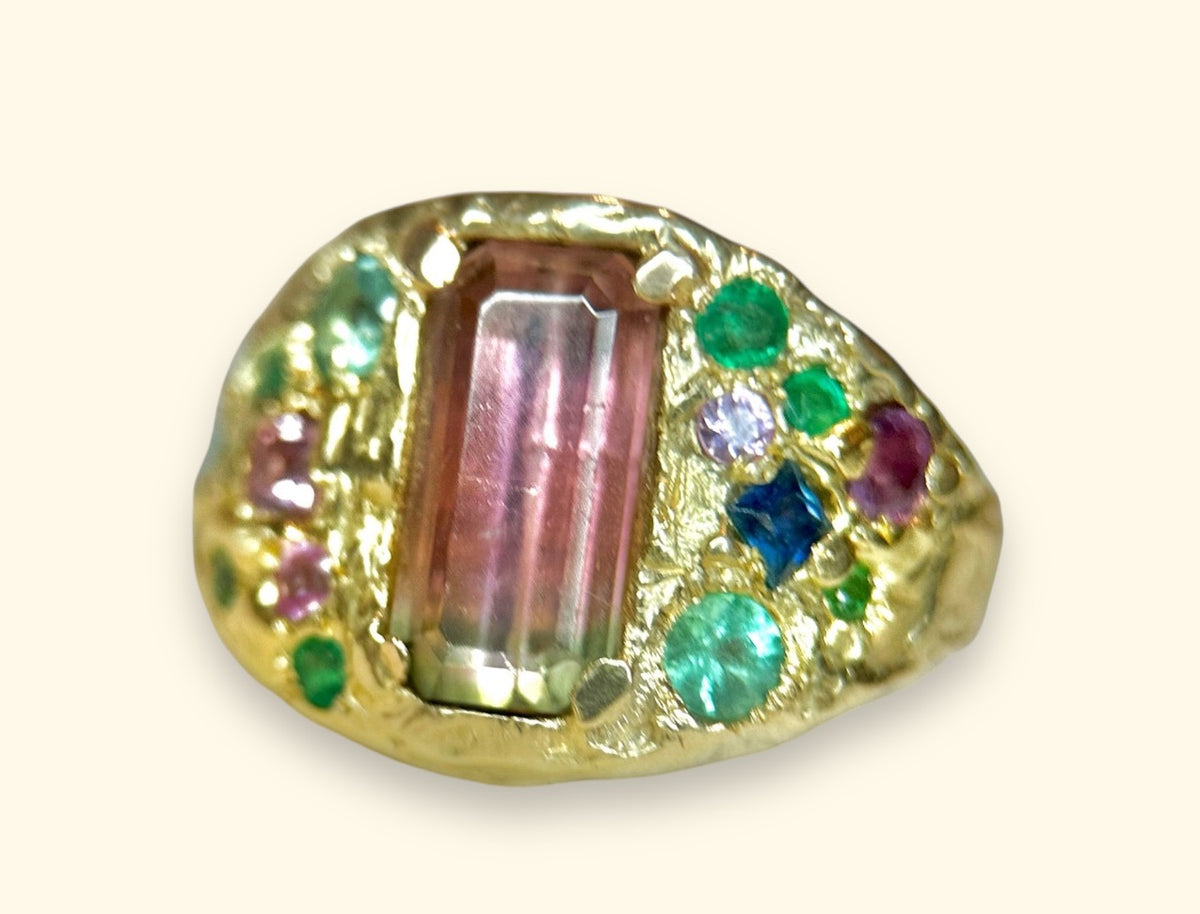 Watermelon Bi color Tourmaline Cocktail Ring with emeralds and sapphires in 14 Ct Gold (Exclusive to Tomfoolery London)