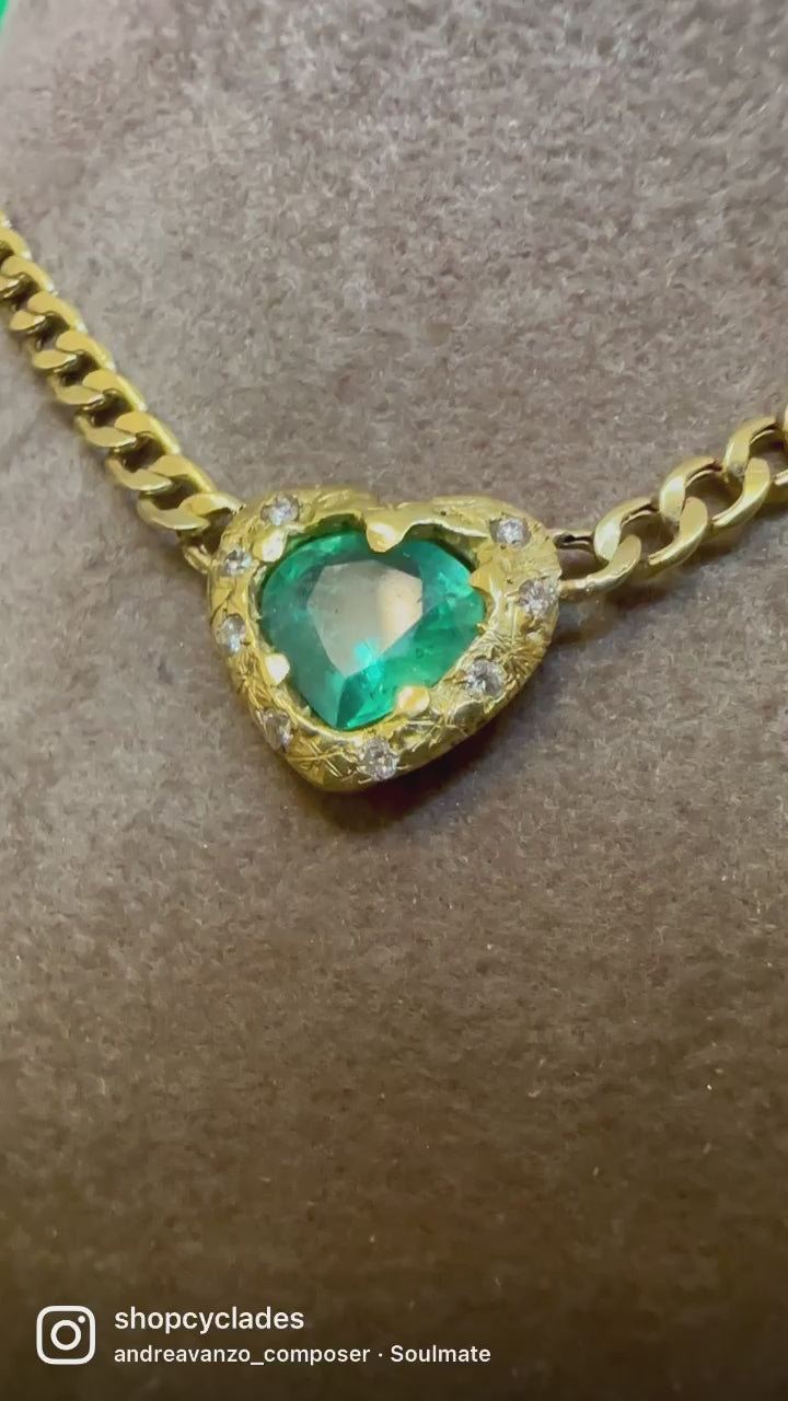 18 Ct Gold Emerald heart and choker with diamonds on a cuban link chain