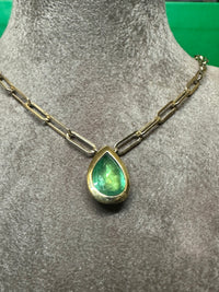 14 Ct Gold Emerald Drop  Pear Shape 2.7 cts Paper Clip Necklace