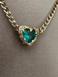 18 Ct Gold Emerald heart and choker with diamonds on a cuban link chain