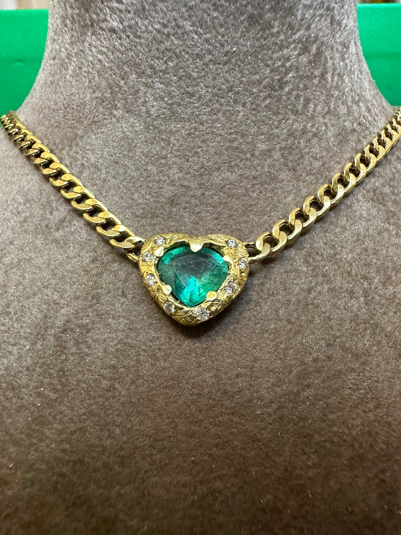 18 Ct Gold Emerald heart and choker with diamonds on a cuban link chain