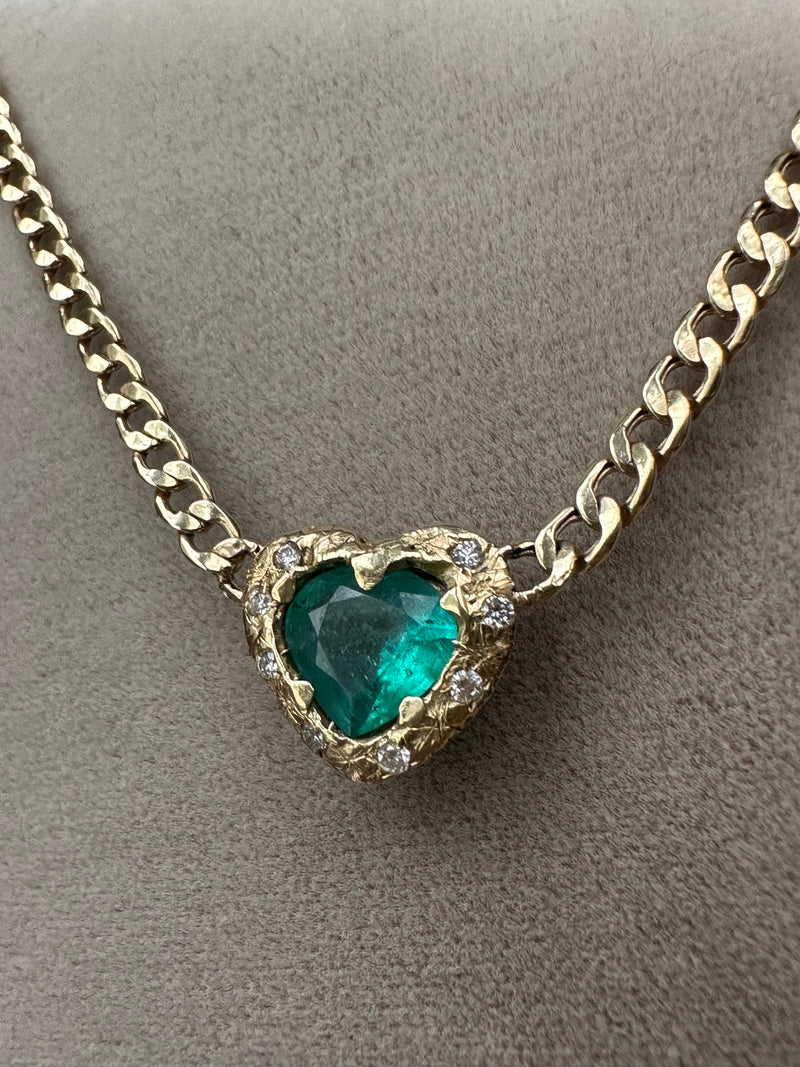 18 Ct Gold Emerald heart and choker with diamonds on a cuban link chain