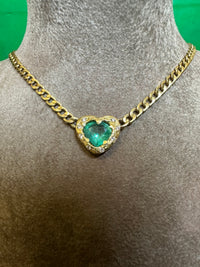 18 Ct Gold Emerald heart and choker with diamonds on a cuban link chain